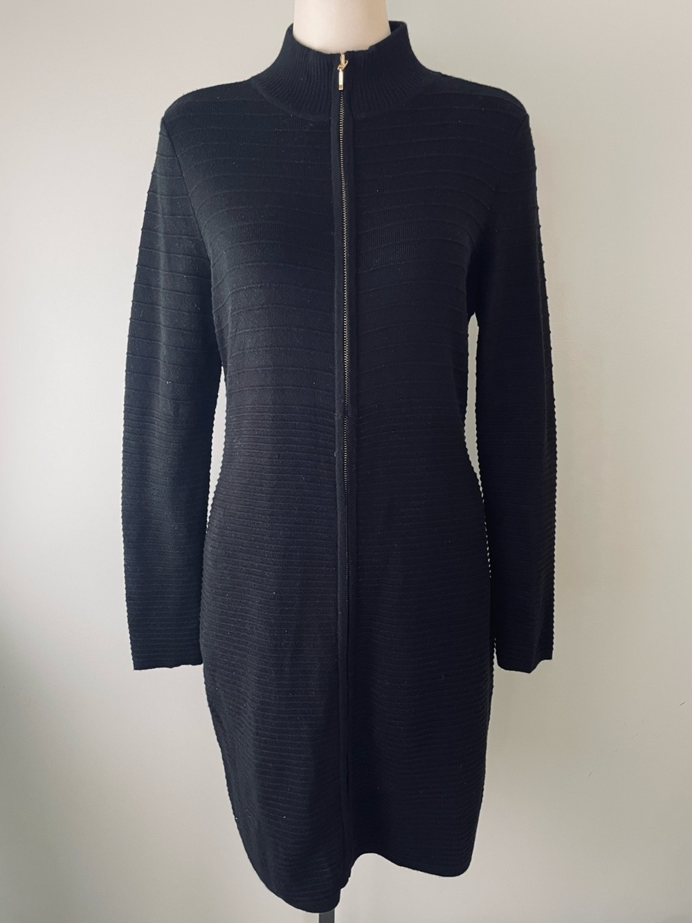 Calvin Klein Ribbed Knit Sweater Dress Black Front Zip Mock Neck Bodycon Large